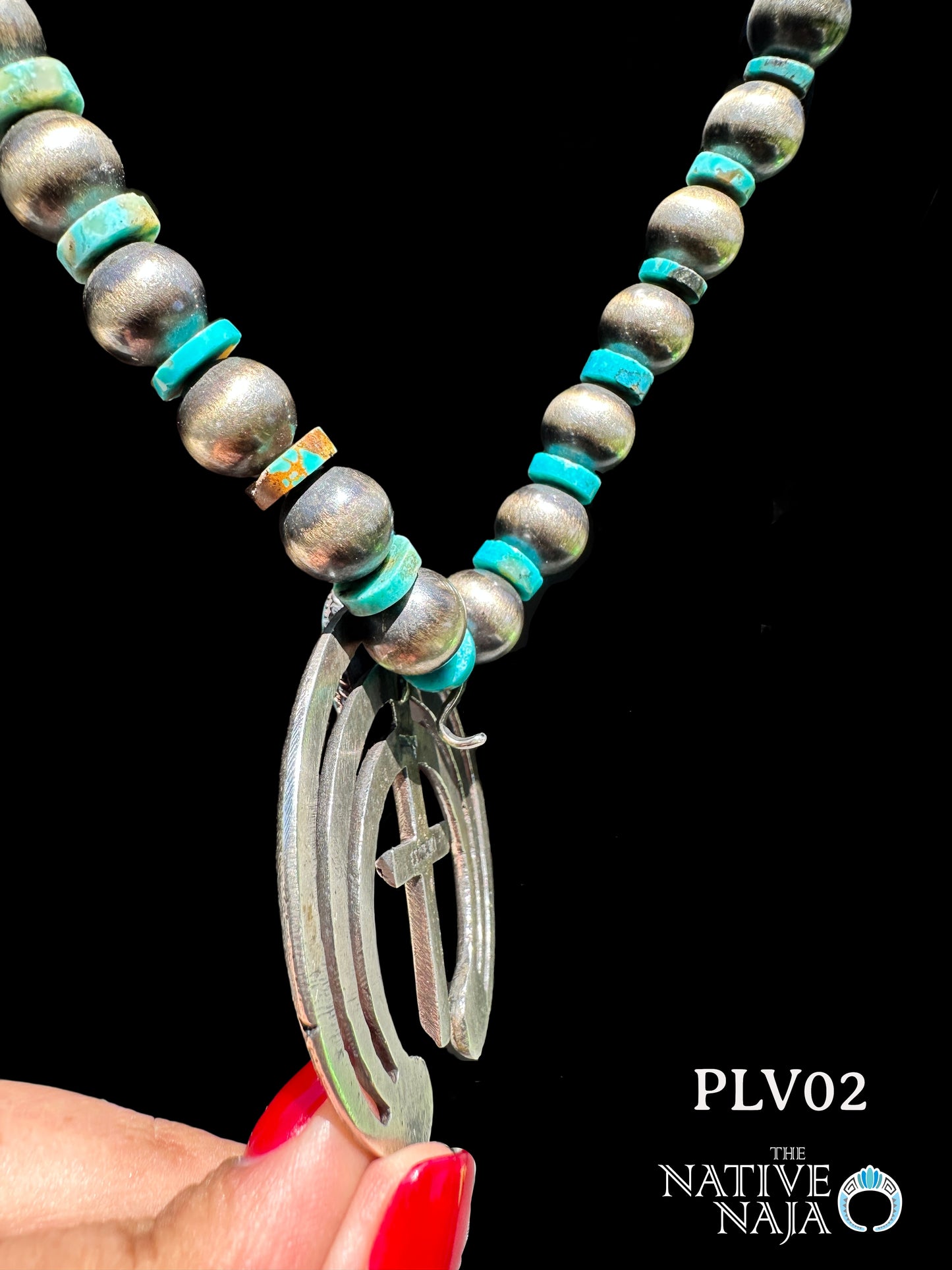 VTG Navajo E.S. Mitchel Kingman Turquoise & Sterling Silver Sandcast Naja Pendant PLV02
