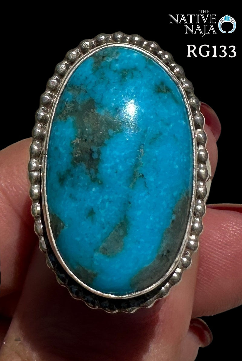 Navajo Art Platero Sterling Silver & Kingman Turquoise Ring SZ 8 1/4 RG133