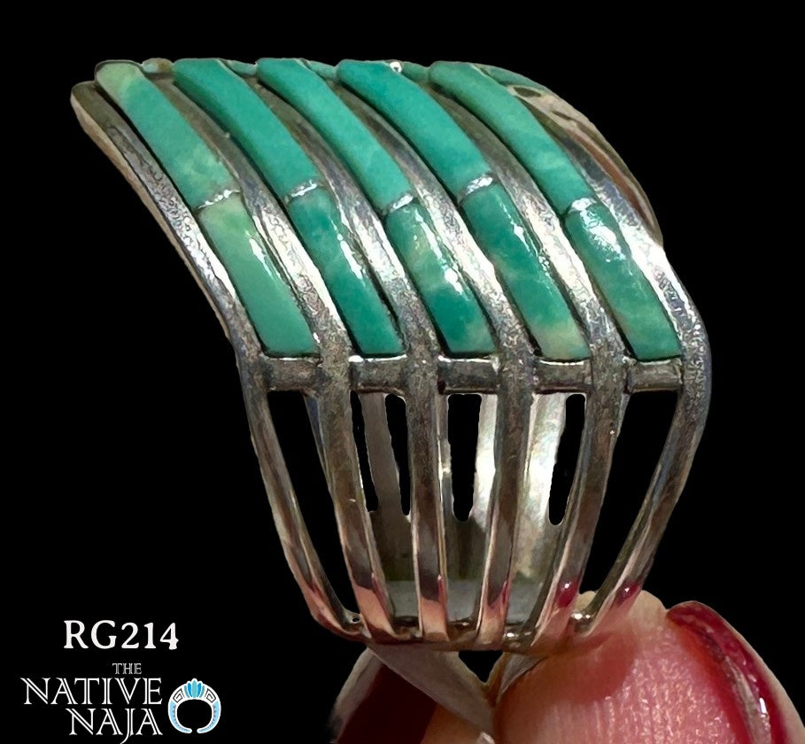 Navajo Andrew Enrico 5 Layer Sterling Silver & Channel Set Turquoise Chevron Ring Size 7 RG214