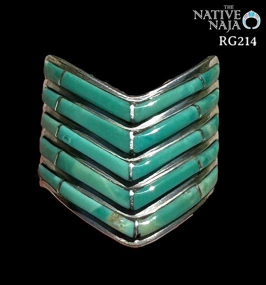 Navajo Andrew Enrico 5 Layer Sterling Silver & Channel Set Turquoise Chevron Ring Size 7 RG214
