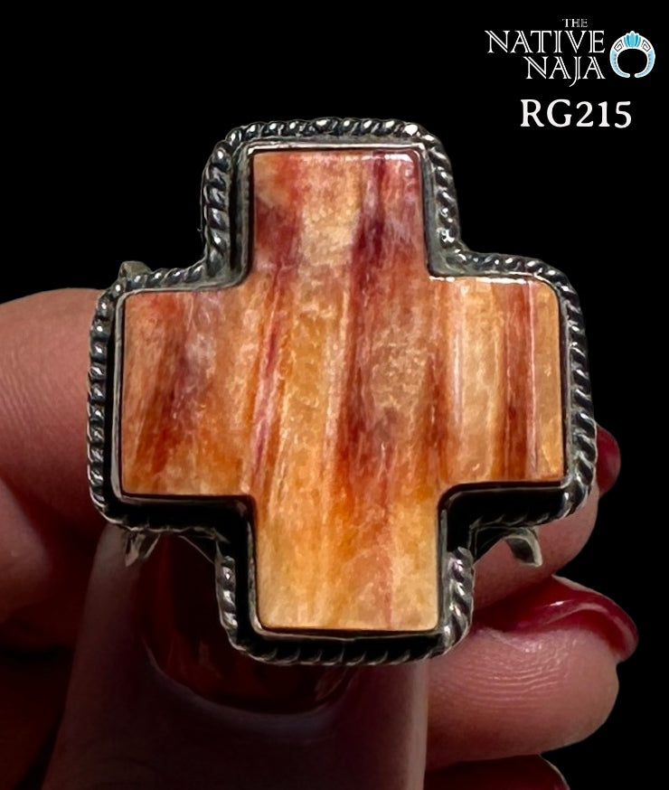 Navajo Andy Cadman Sterling Silver & Spiny Oyster Cross Ring Size 7 1/2 RG215