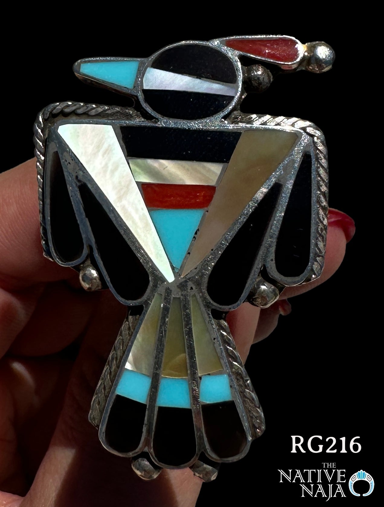 Large Zuni Delgar Cellicion Multi Stone Inlay Thunderbird Ring Size 8 RG216
