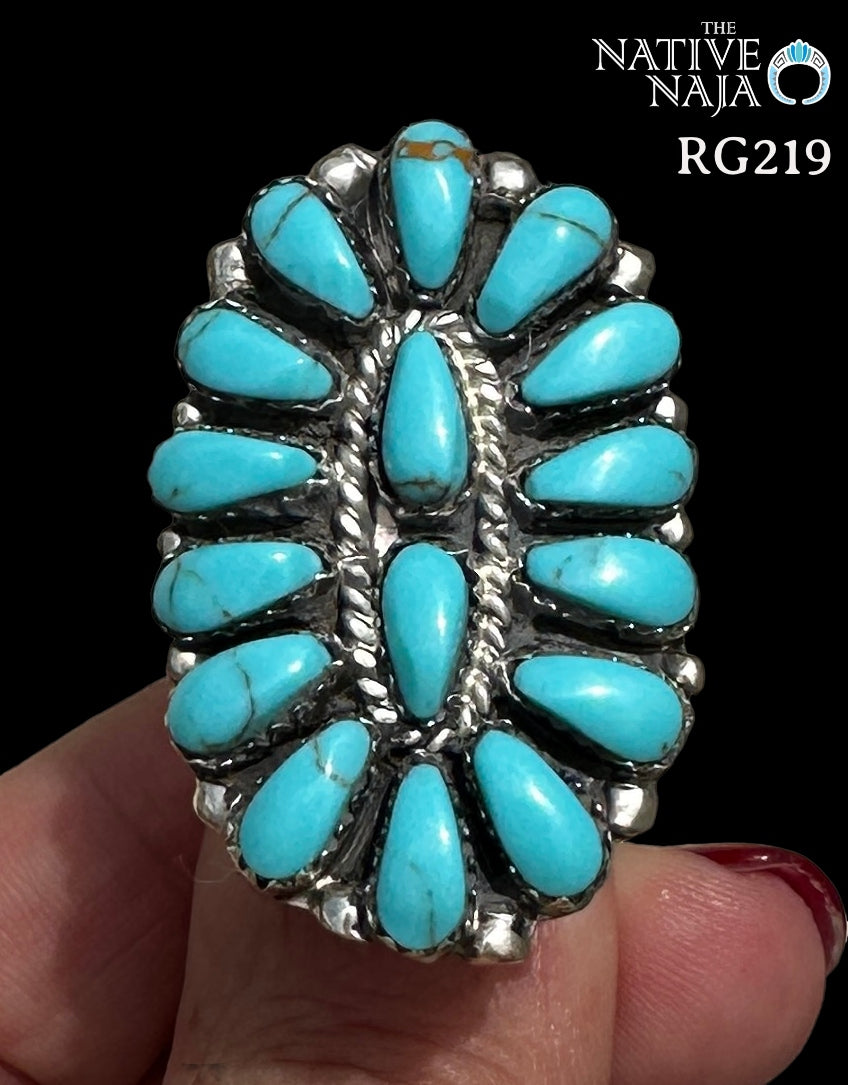 Large Navajo Jesse Williams Oval Petit Point Turquoise & Sterling Silver Ring Size 9 3/4 RG219