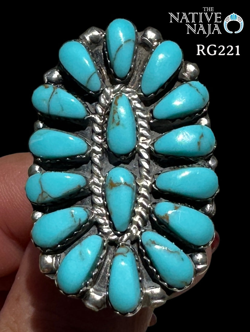 Large Navajo Jesse Williams Oval Petit Point Turquoise & Sterling Silver Ring Size 9 3/4 RG221