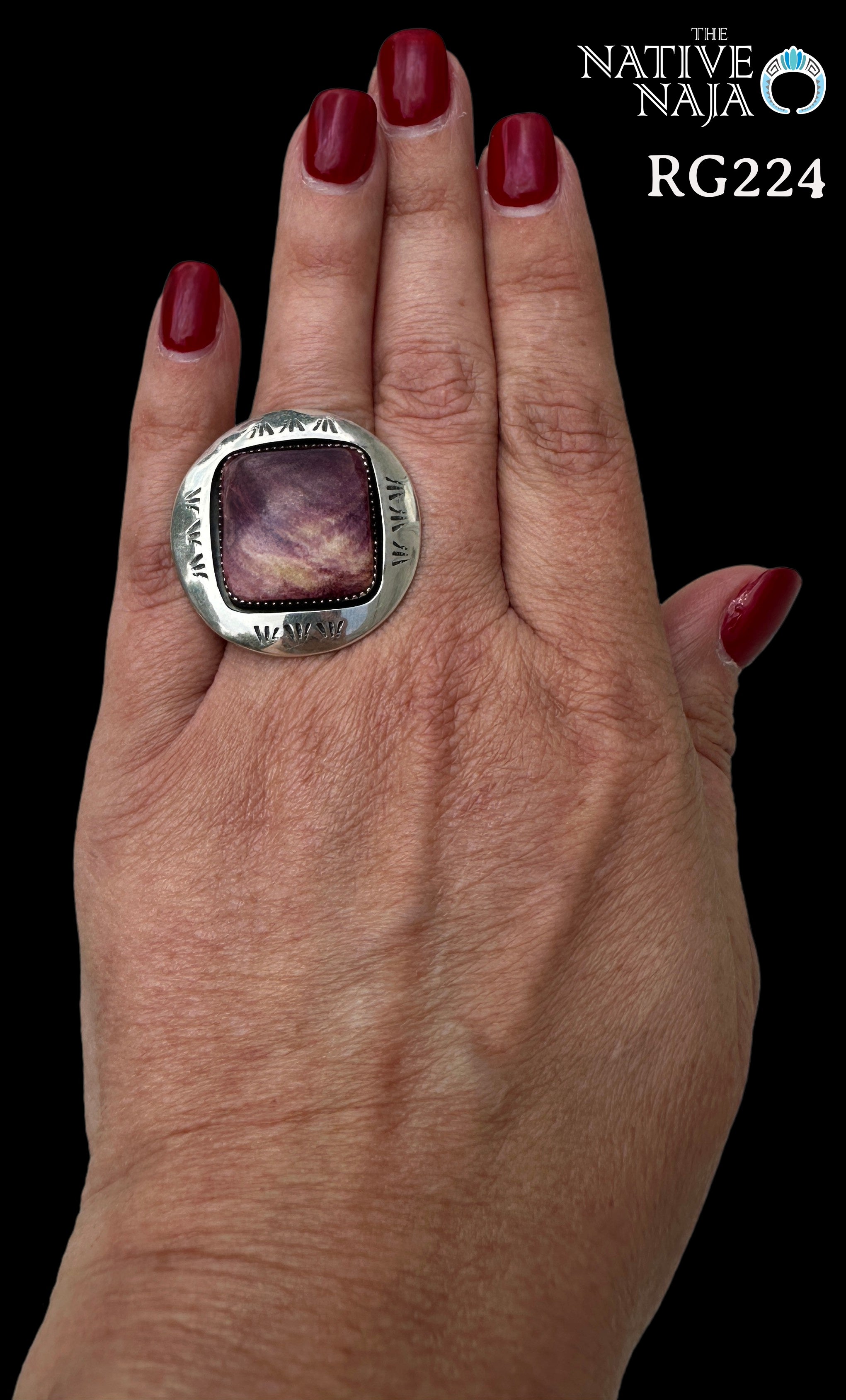 Navajo Signed Rare Purple/Yellow Spiny Oyster & Sterling Silver Shadow Box Ring Size 7 3/4 RG224