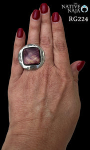 Navajo Signed Rare Purple/Yellow Spiny Oyster & Sterling Silver Shadow Box Ring Size 7 3/4 RG224