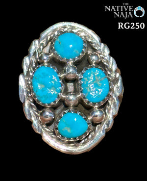 Navajo Melvin Chee Sterling Silver & Kingman Turquoise Cluster Ring SZ 7 3/4 RG250
