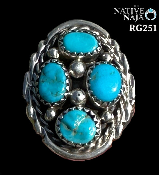 Navajo Melvin Chee Sterling Silver & Kingman Turquoise Cluster Ring SZ 8 1/4 RG251