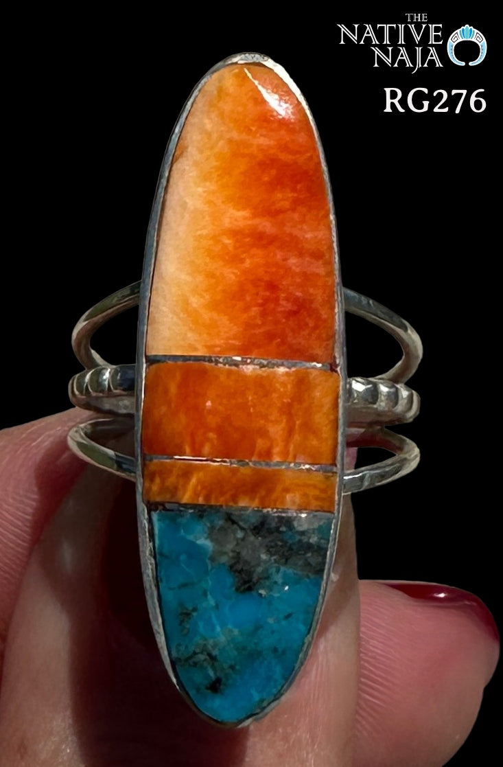 Navajo Harold Smith Sterling Silver, Spiny Oyster & Turquoise Channel Set Ring Size 6 3/4 RG276
