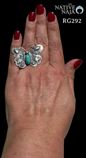 Navajo Artist Tim Yazzie Sterling Silver & Kingman Turquoise Butterfly Ring SZ 7 1/4 RG292