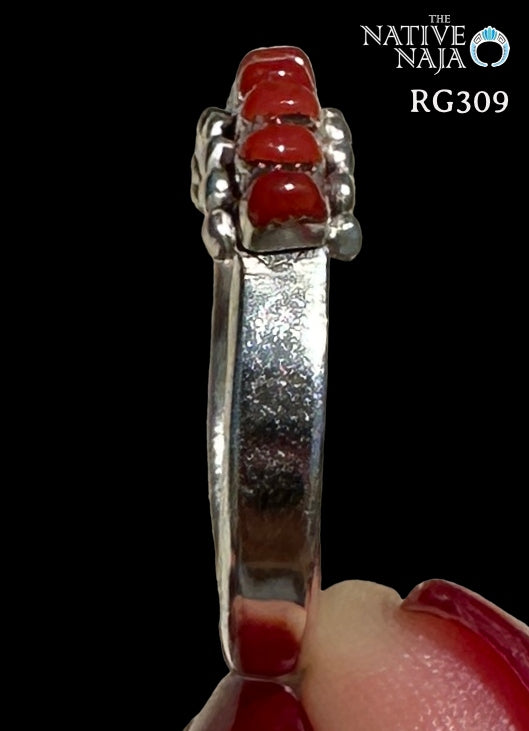 Zuni Artist Irma Ukestine Sterling Silver & Coral Band Ring Size 6 1/4 RG309