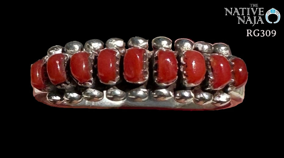 Zuni Artist Irma Ukestine Sterling Silver & Coral Band Ring Size 6 1/4 RG309