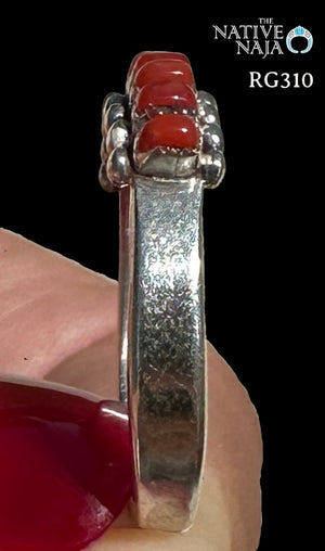 Zuni Artist Irma Ukestine Sterling Silver & Coral Band Ring Size 6 1/4 RG310