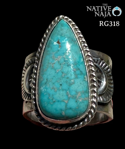 Navajo Sunshine Reeves Sterling Silver & Kingman Turquoise Ring Size 8 1/4 RG318