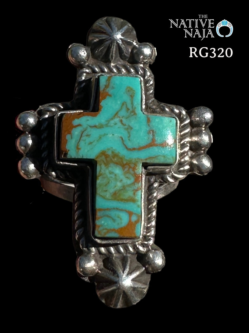 Navajo Richard E Jim Sterling Silver & Kingman Turquoise Cross Ring Size 7 RG320