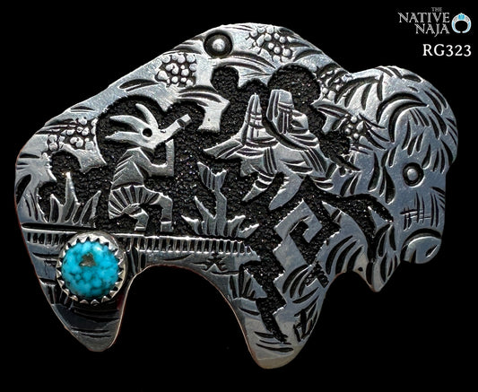 Navajo Artist Richard Singer Sterling Silver & Kingman Turquoise Buffalo Adjustable Ring RG323