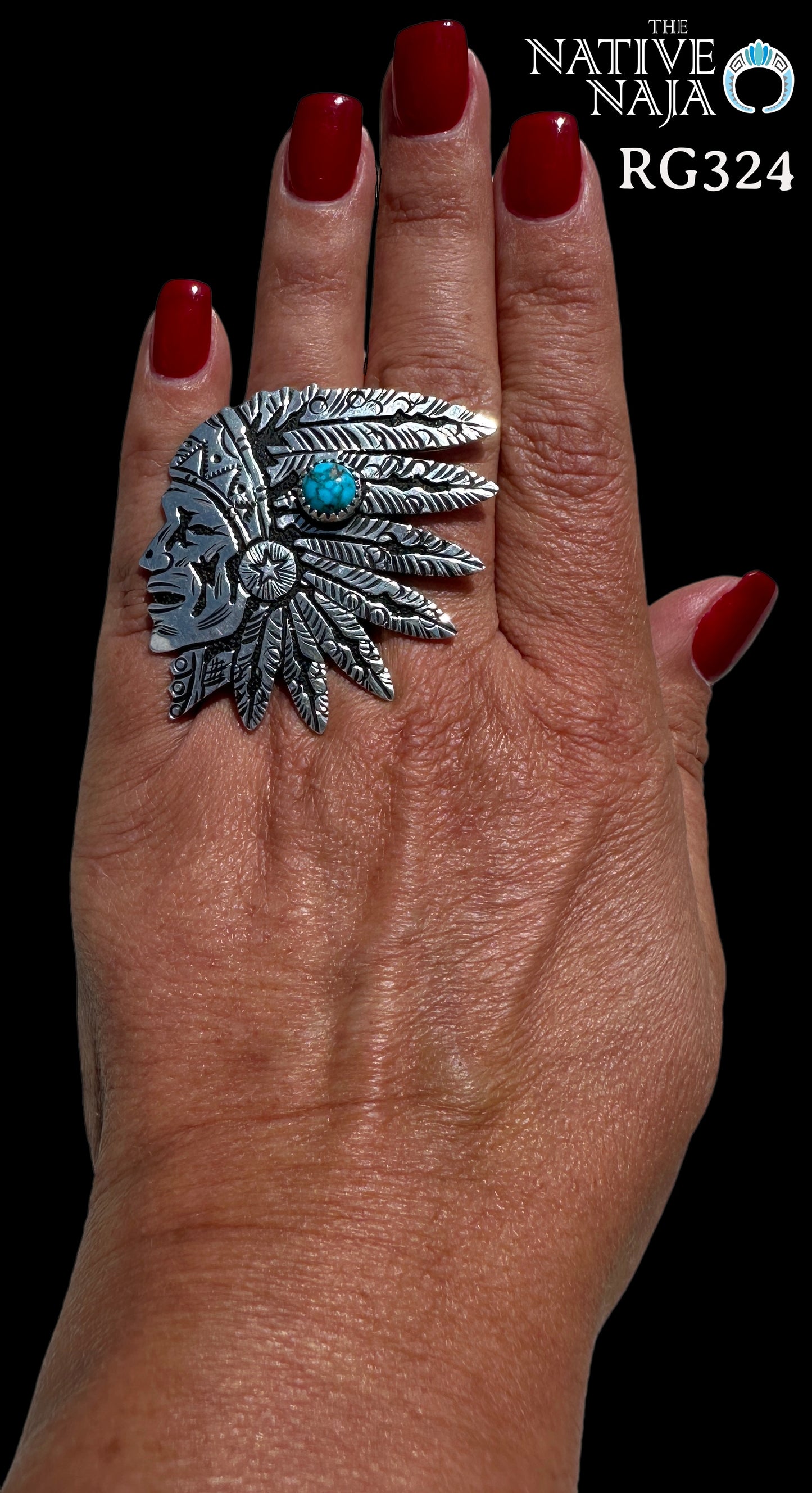 Navajo Richard Singer Hand Stamped Sterling Silver & Turquoise Native War Cry Warrior Ring RG324