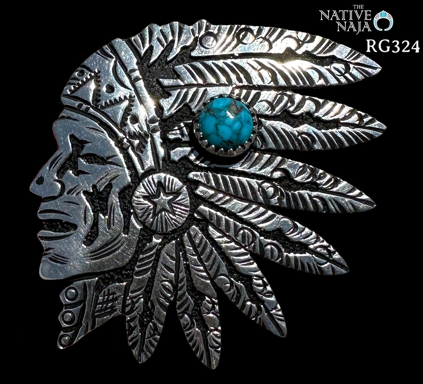 Navajo Richard Singer Hand Stamped Sterling Silver & Turquoise Native War Cry Warrior Ring RG324