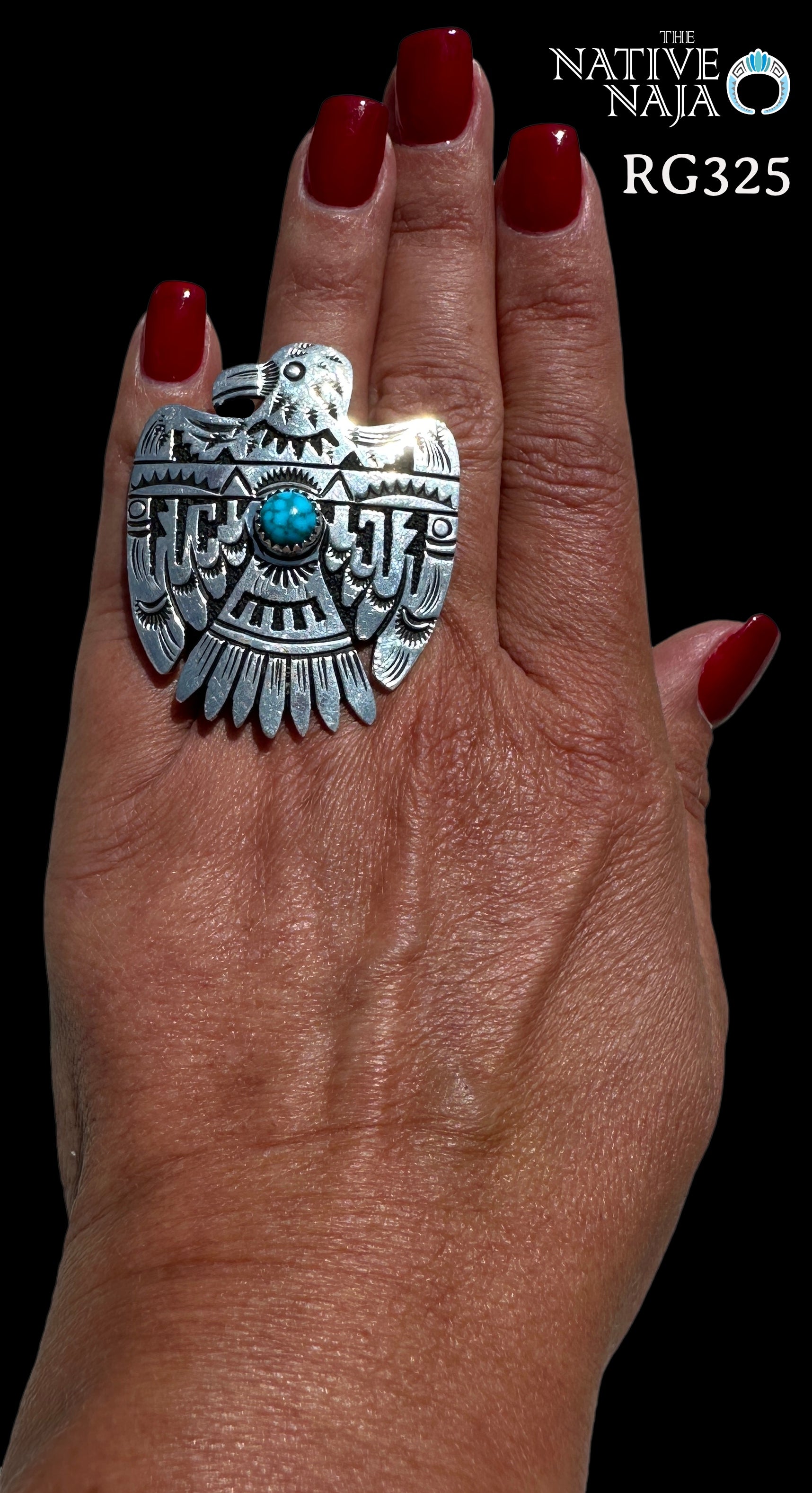 Navajo Artist Richard Singer Sterling Silver & Kingman Turquoise Thunderbird Adjustable Ring RG325