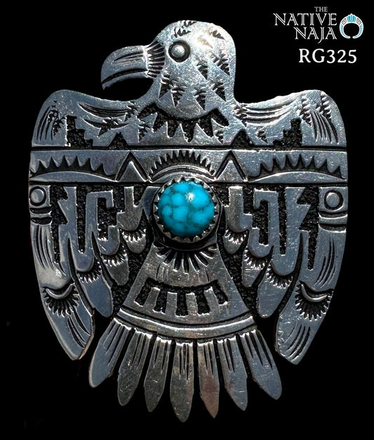 Navajo Artist Richard Singer Sterling Silver & Kingman Turquoise Thunderbird Adjustable Ring RG325