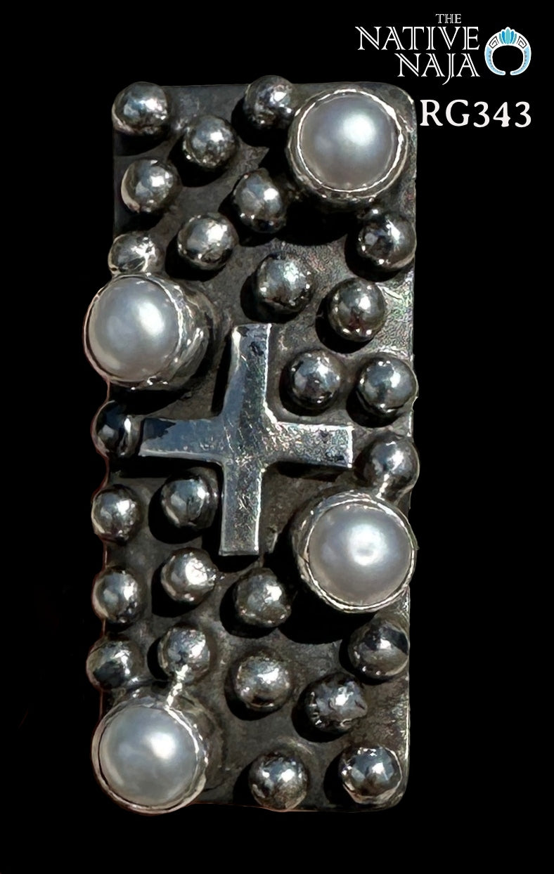 Navajo Artist Geneva Apachito Sterling Silver & Pearl Cross and Dot Ring SZ 8 1/4 RG343