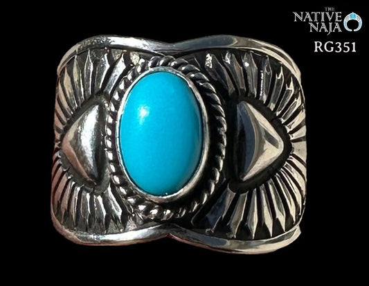 Navajo Artist Derrick Gordon Hand Stamped Sterling Silver & Sleeping Beauty Turquoise Wide Band Ring SZ 8 1/4 RG351