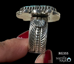 Navajo Artist Landon Secatero Wide Hand Stamped Sterling Silver & Kingman Turquoise Ring SZ 7 1/2 RG355