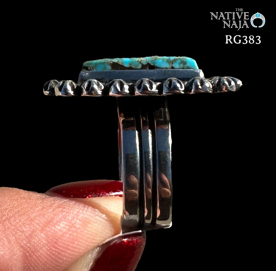 Navajo Happy Piasso Sterling Silver & Spiderweb Kingman Turquoise Ring SZ 7 RG383