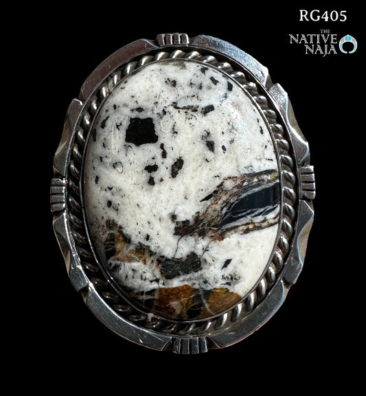 Very Large Navajo Eddie Secatero White Buffalo & Sterling Silver Statement Ring Size 7 RG405