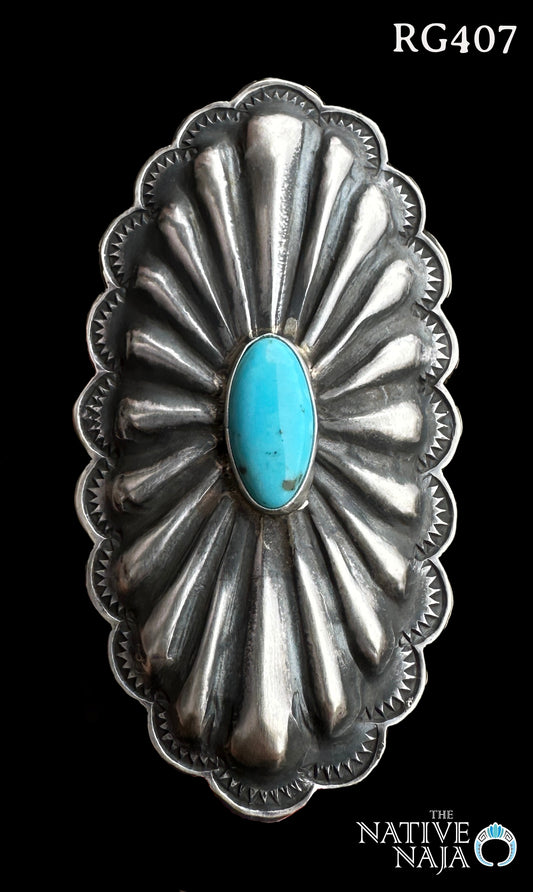Large Navajo Rita Lee Kingman Turquoise & Sterling Silver Concho Ring Size 7 1/4 RG407