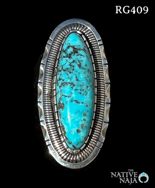 Navajo Walter Vandever Kingman Turquoise & Sterling Silver Ring Size Adj RG409