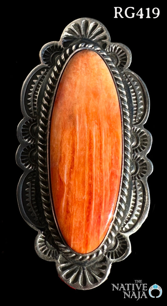 Navajo Artist Happy Piasso Sterling Silver & Orange Spiny Oyster Ring Size 8 1/2 RG419