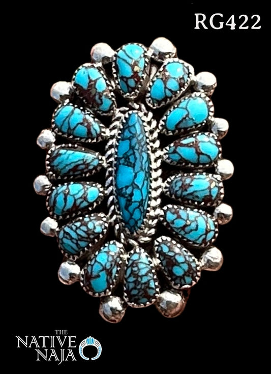 Zuni Artist Lorraine Waatsa Sterling Silver & Petit Point Chinese Mountain Turquoise Ring Size 7 RG422
