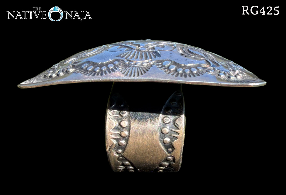 Large Navajo Vincent Platero Adjustable Hand Stamped Sterling Silver Ring RG425