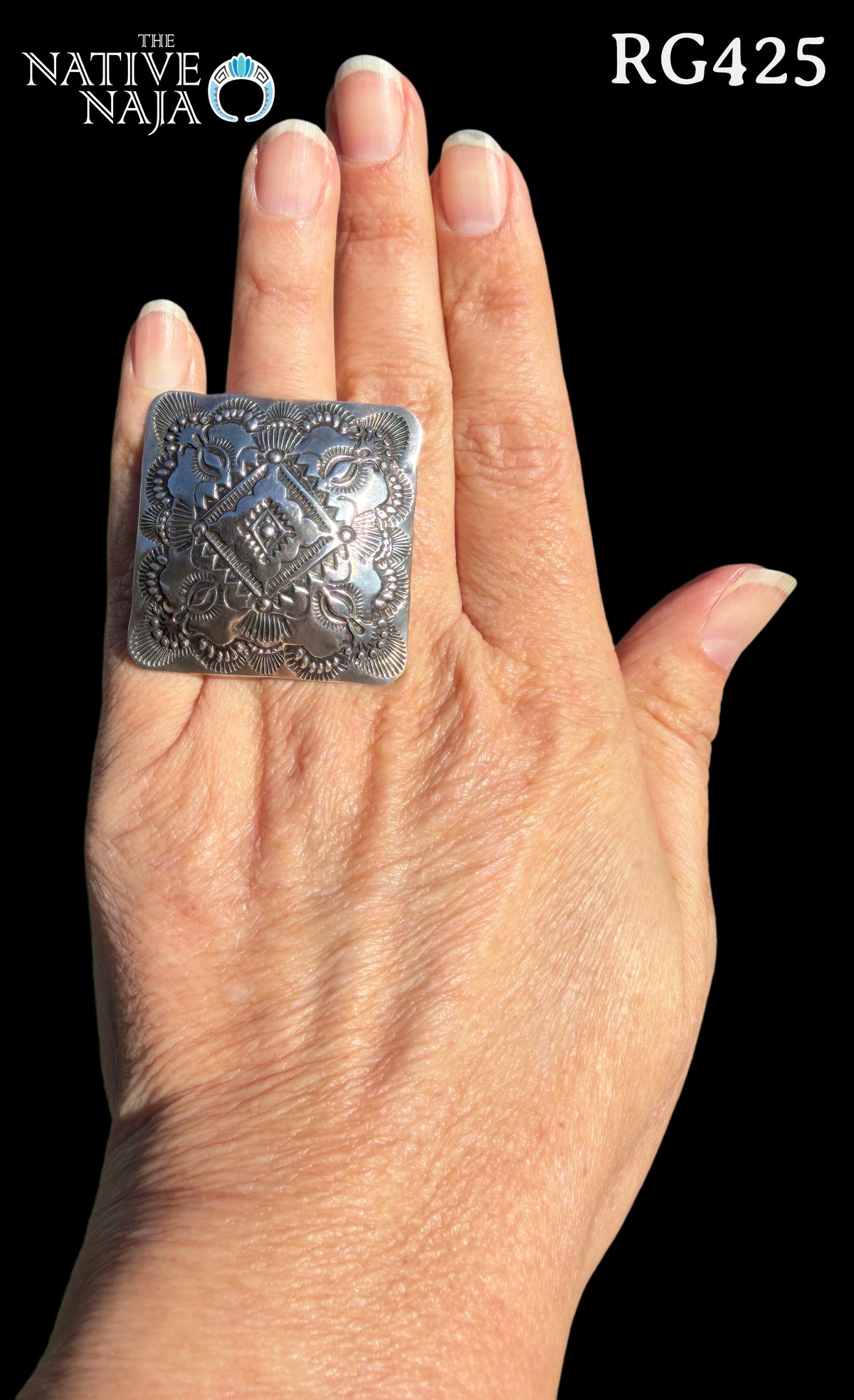 Large Navajo Vincent Platero Adjustable Hand Stamped Sterling Silver Ring RG425