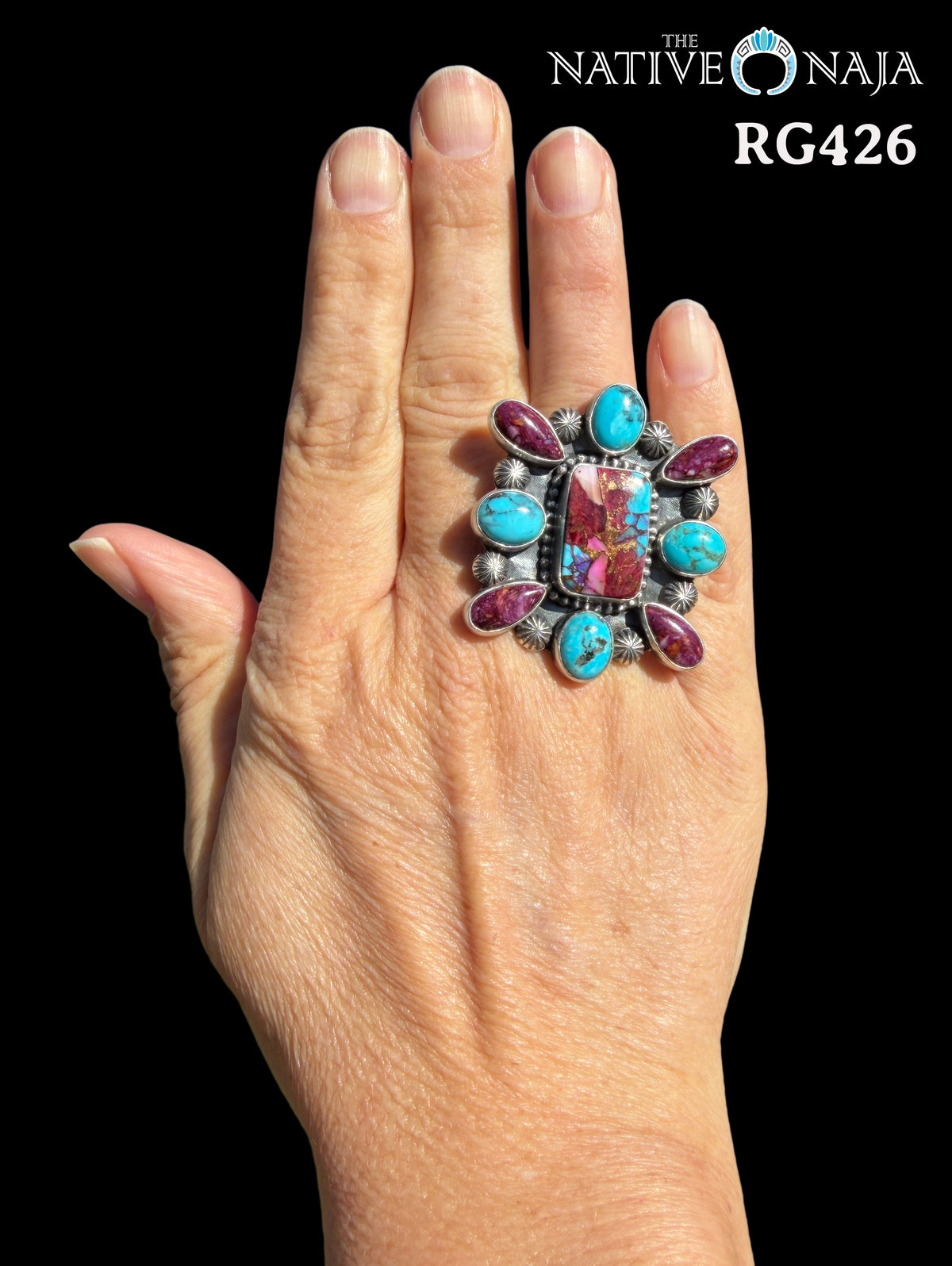 Large Navajo Randall Enditto Mojave Turquoise Sterling Silver SZ Adjustable Ring RG426