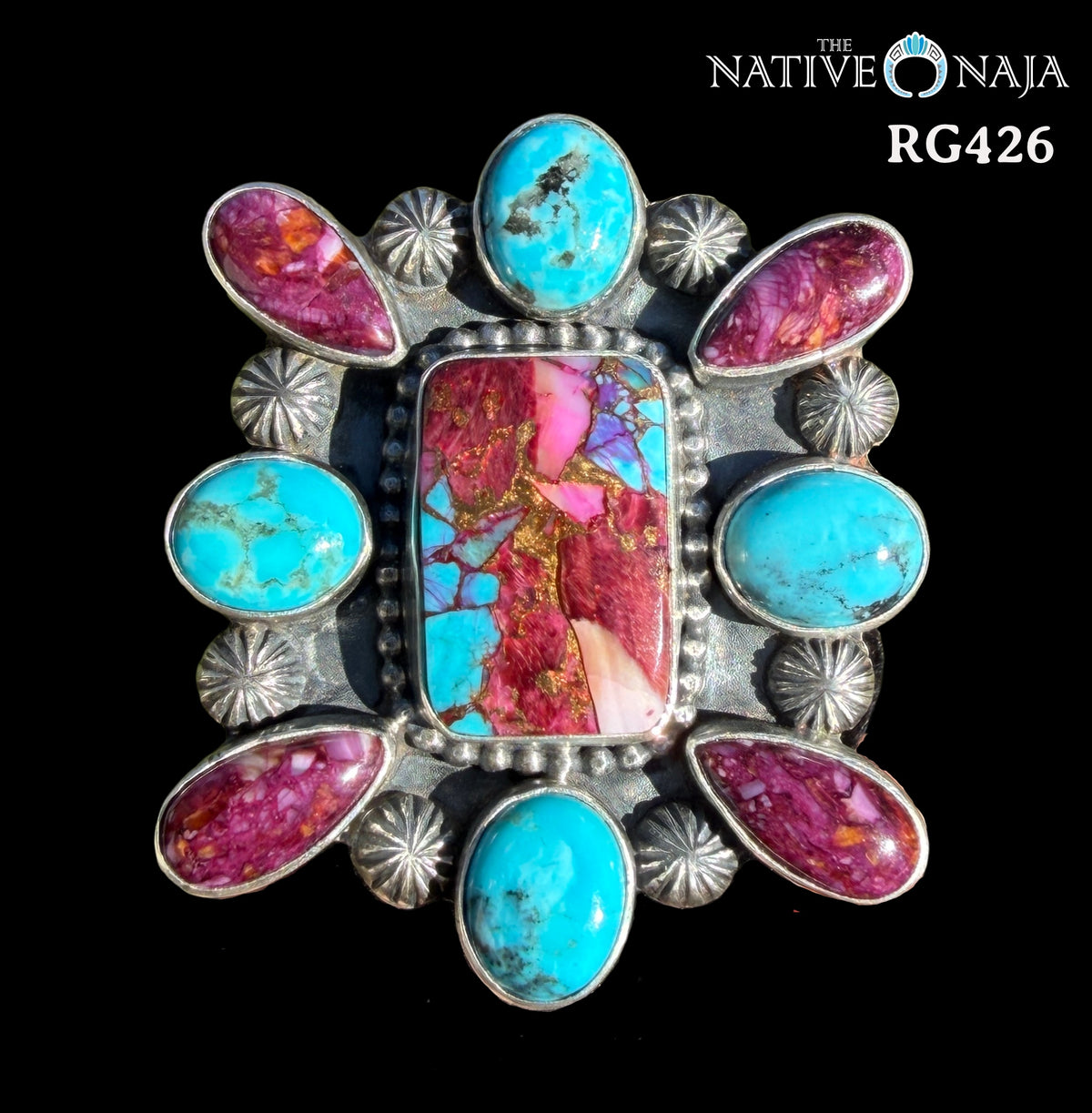 Large Navajo Randall Enditto Mojave Turquoise Sterling Silver SZ Adjustable Ring RG426