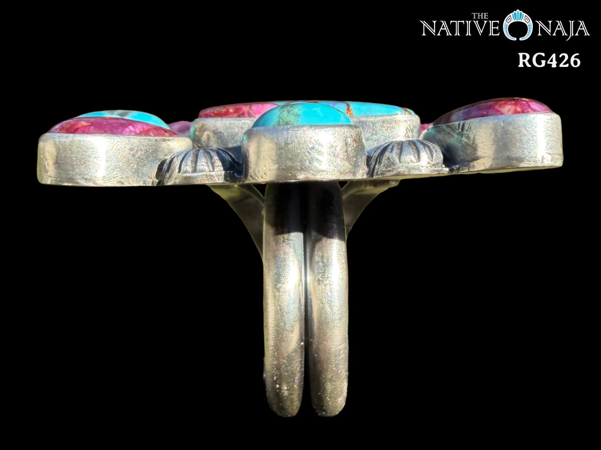 Large Navajo Randall Enditto Mojave Turquoise Sterling Silver SZ Adjustable Ring RG426