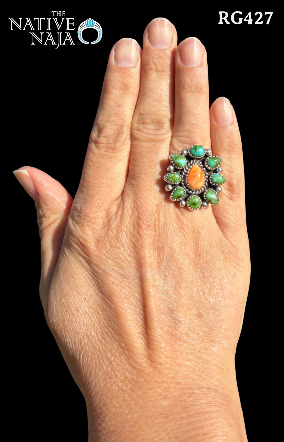 Navajo Linda Yazzie Sonoran Turquoise Spiny Oyster Sterling Silver Ring SZ 7 1/2 RG427