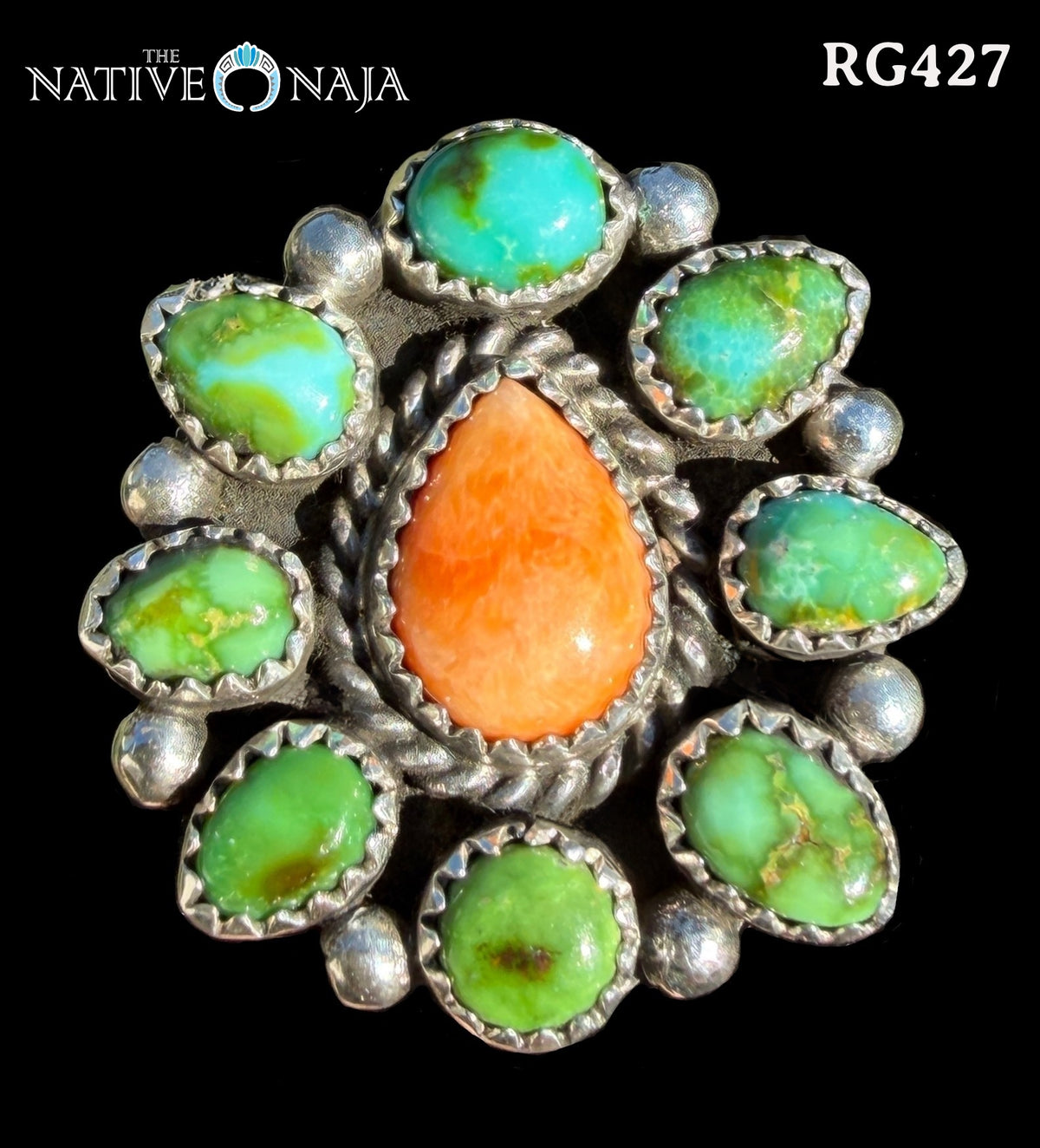 Navajo Linda Yazzie Sonoran Turquoise Spiny Oyster Sterling Silver Ring SZ 7 1/2 RG427