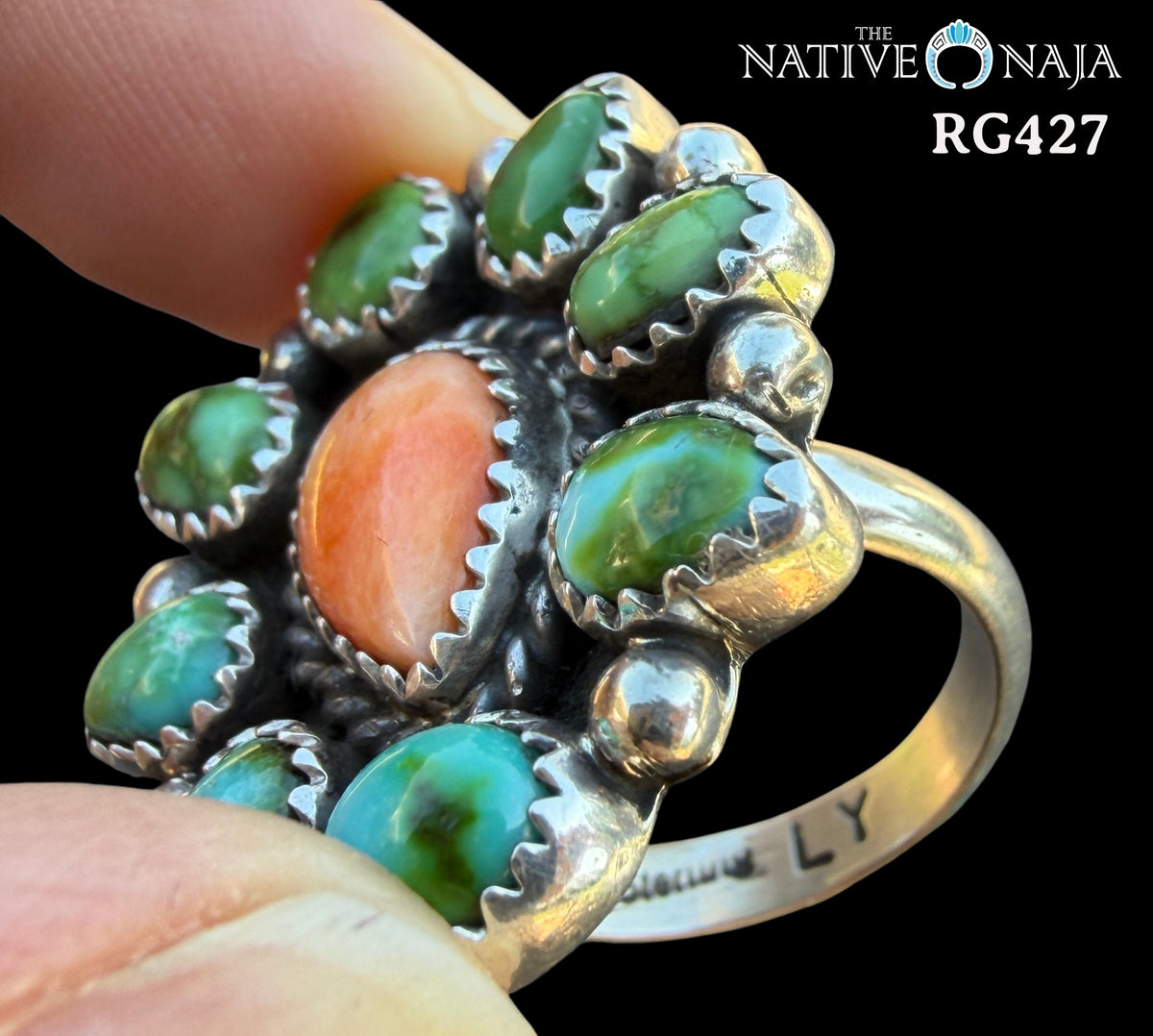 Navajo Linda Yazzie Sonoran Turquoise Spiny Oyster Sterling Silver Ring SZ 7 1/2 RG427