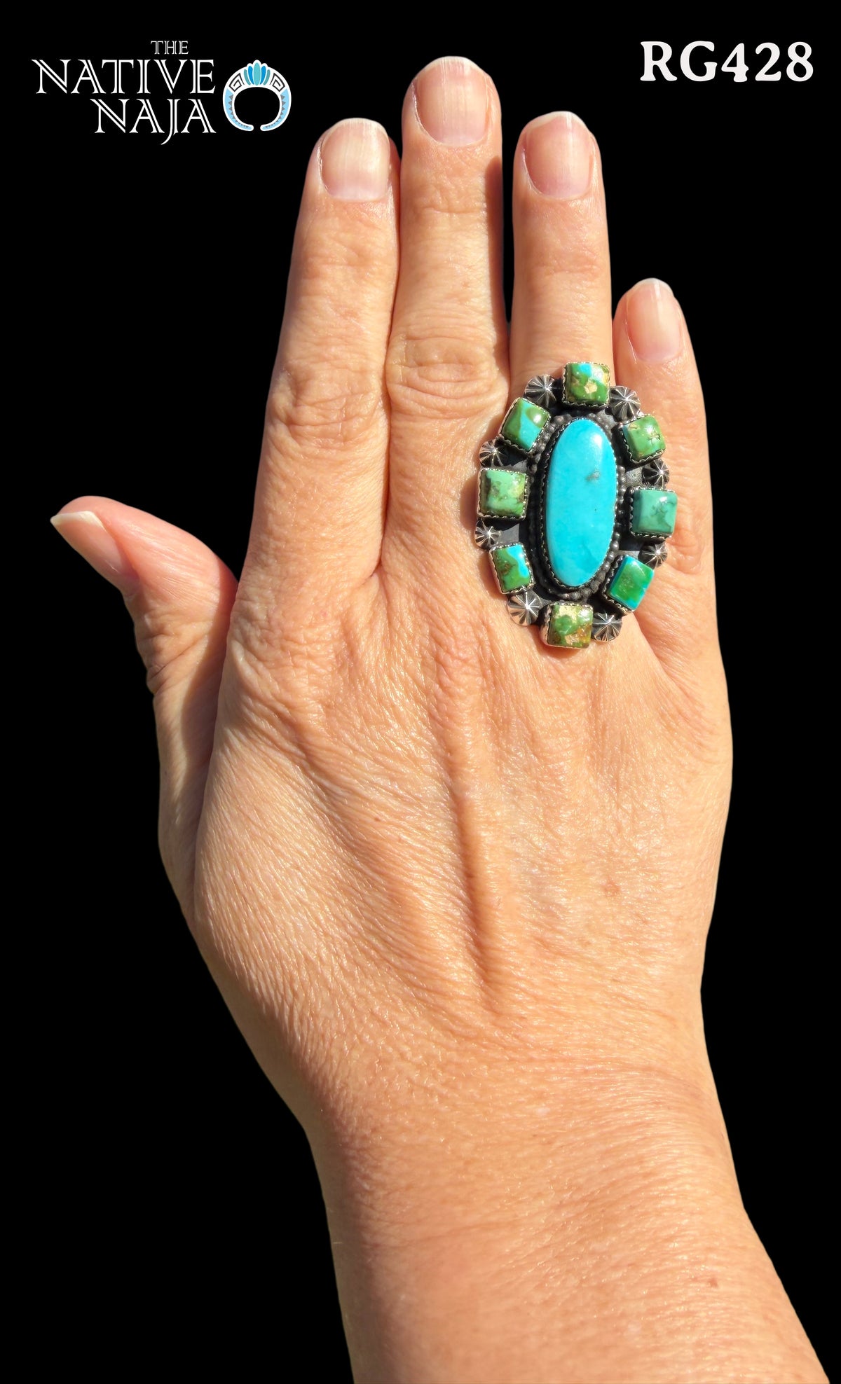 Navajo Rosella Paxton Sterling Silver Sonoran & Candelaria Turquoise Ring SZ 8 RG428