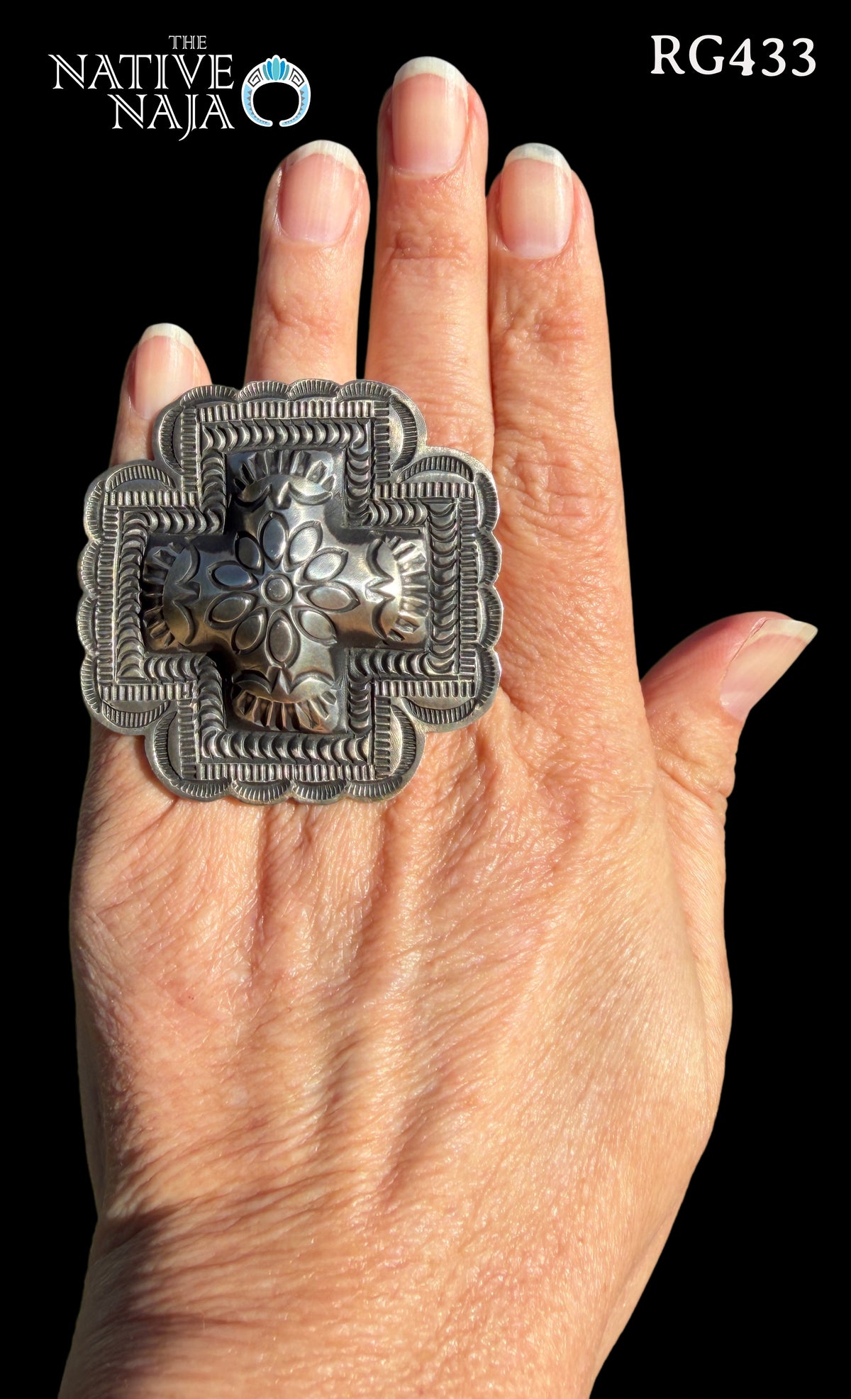 Extra LRG Navajo Leander Tahe Adjustable Hand Stamped Cross Sterling Silver Ring RG433