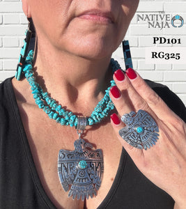 Navajo Artist Richard Singer Sterling Silver & Kingman Turquoise Thunderbird Ring RG325
