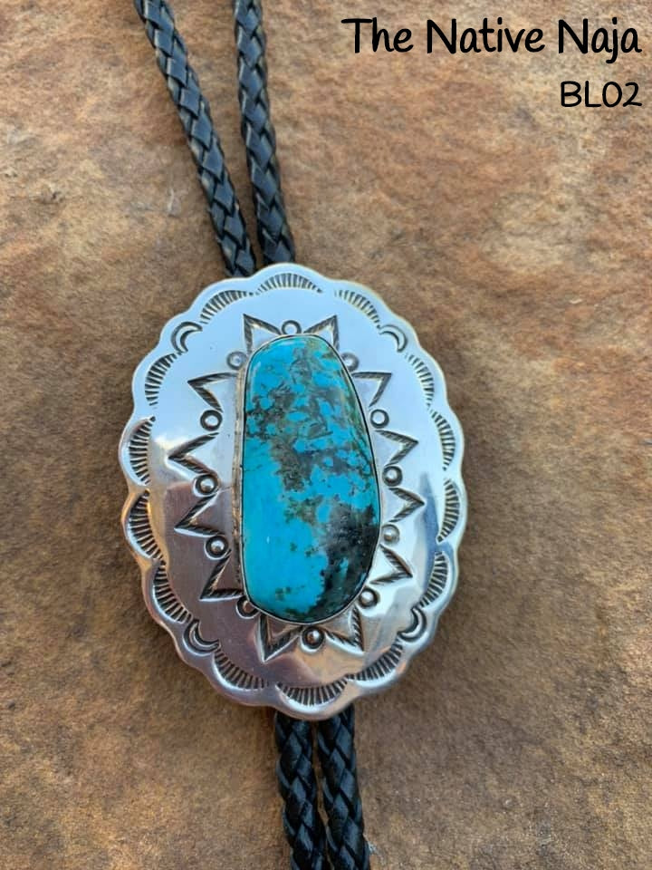 Large Navajo Sterling Silver & Kingman Turquoise Concho Bolo BL02