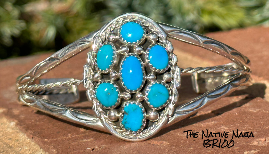 Navajo Melvin Chee Sterling Silver & Kingman Turquoise Cluster Cuff Bracelet BR100