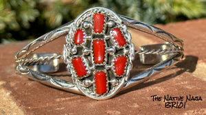 Navajo Melvin Chee Sterling Silver & Coral Cluster Cuff Bracelet BR101