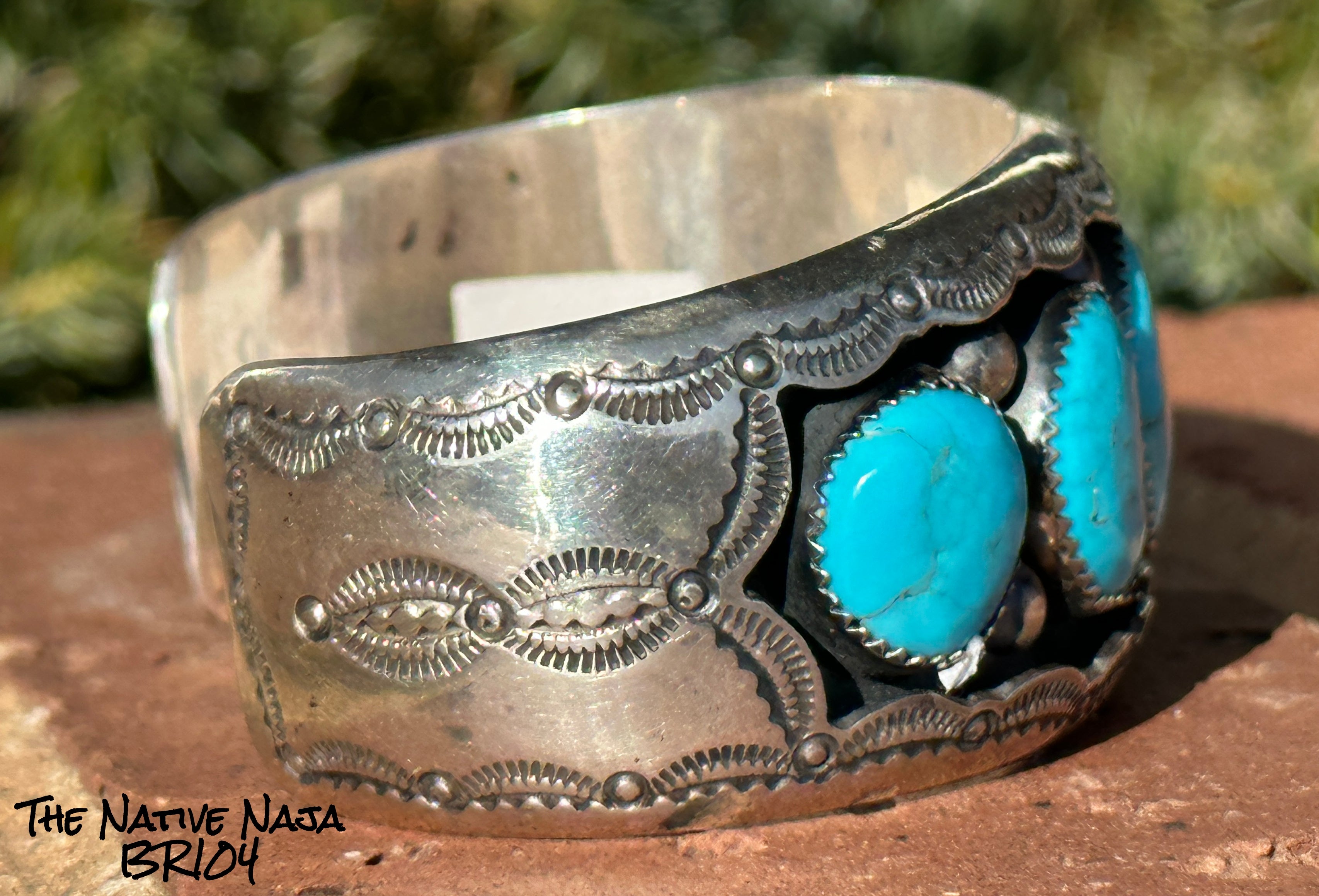Navajo Wilber Musket Sterling Silver & Kingman Turquoise Shadow Box Cuff Bracelet BR104
