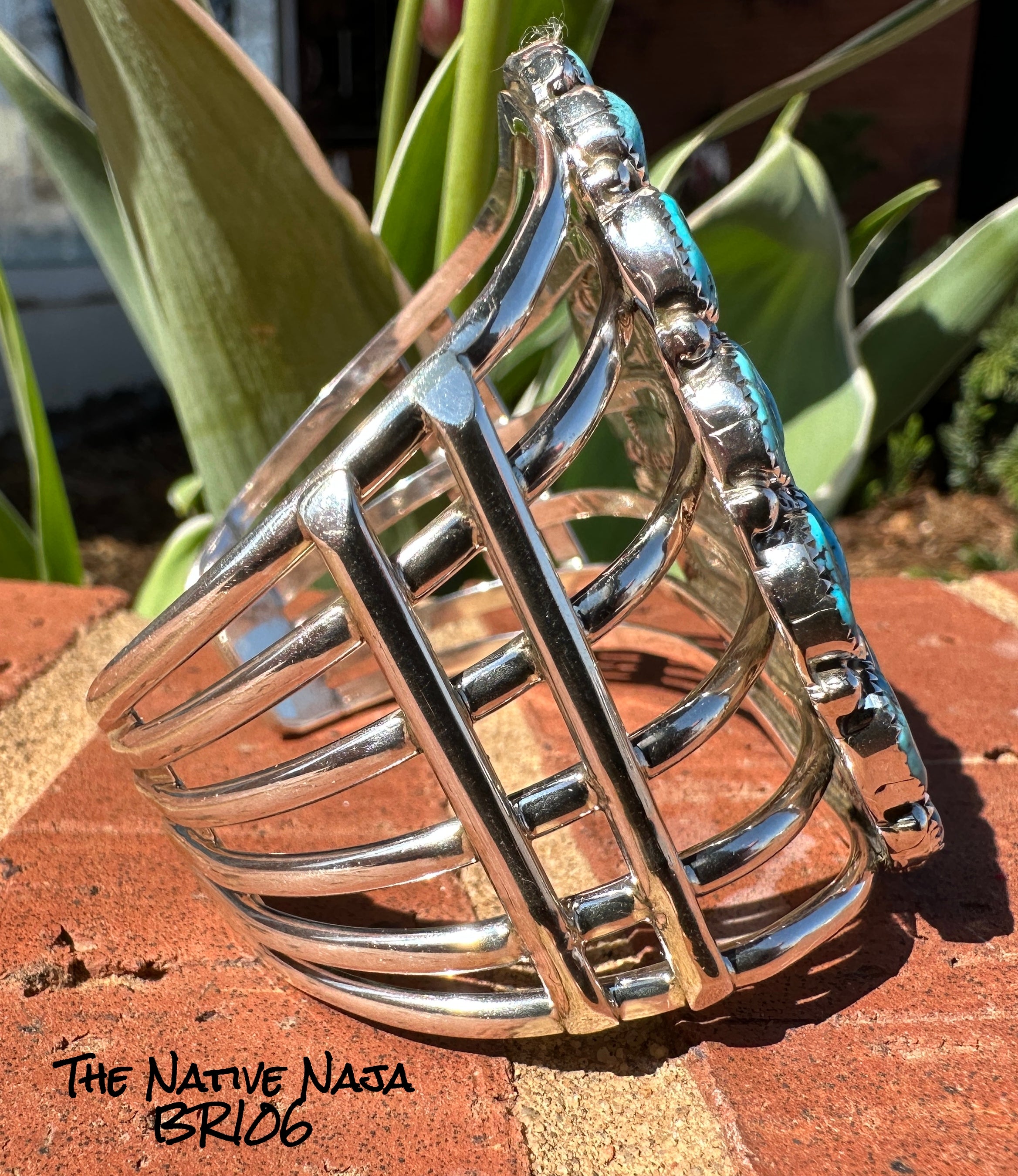 Navajo Marlene Haley Sterling Silver & Kingman Turquoise Cluster Cuff Bracelet BR106