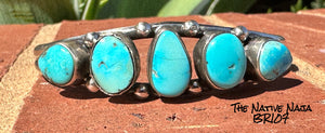 Navajo David Livingston Sterling Silver & Kingman Turquoise 5 Stone Cuff Bracelet BR107
